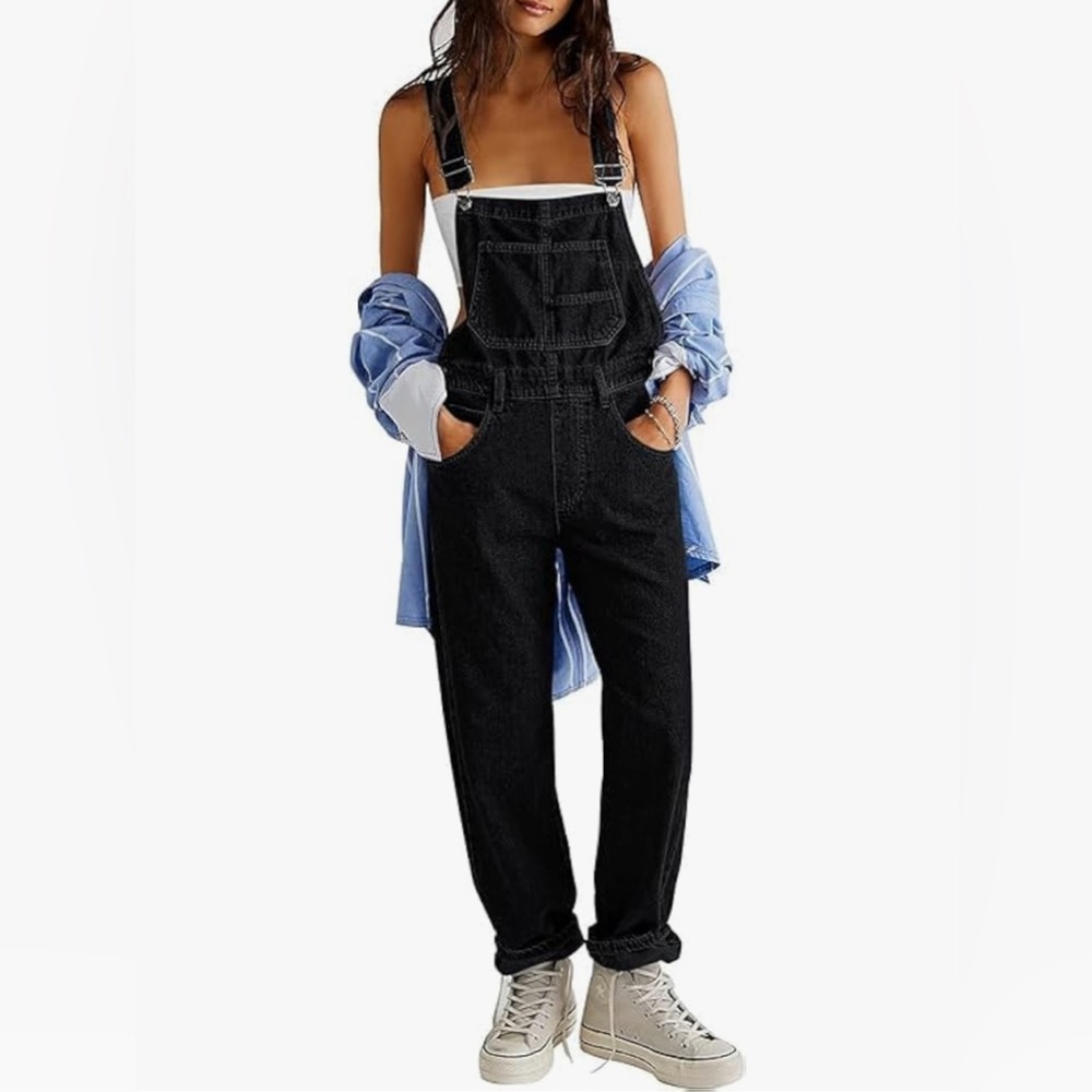 Women's Black Denim Overalls, Medium